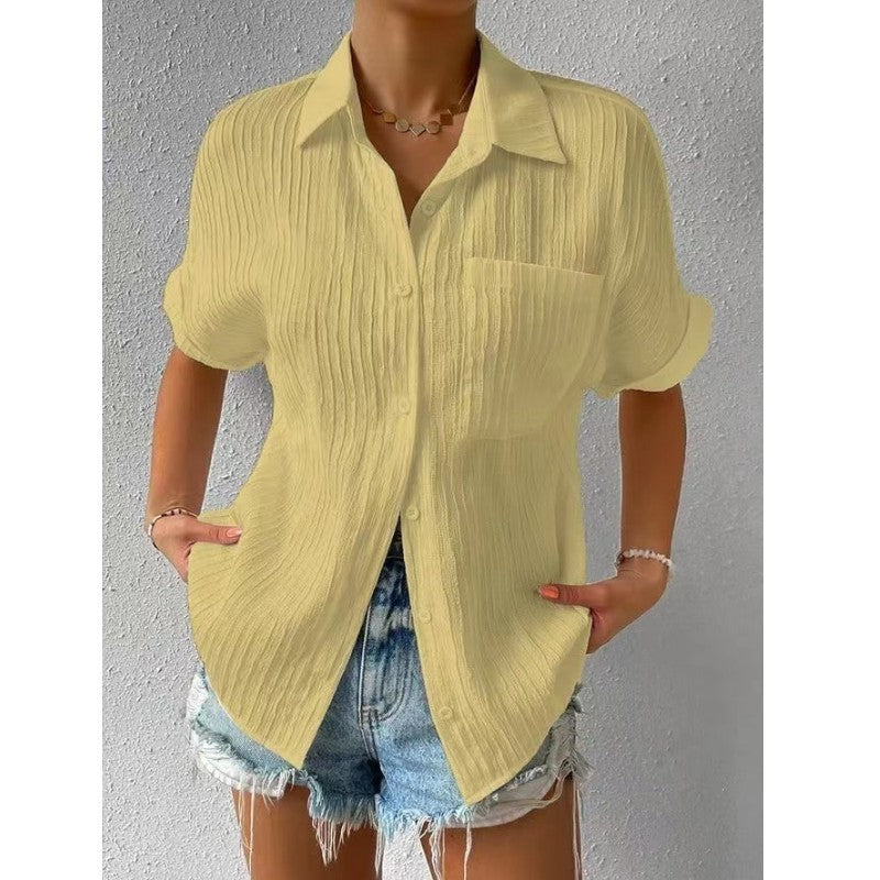Splicing Pocket Short Sleeved Solid Color Temperament Casual Lapel Raglan Shirt Short Sleeved Women's Clothing