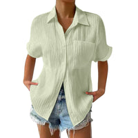 Splicing Pocket Short Sleeved Solid Color Temperament Casual Lapel Raglan Shirt Short Sleeved Women's Clothing