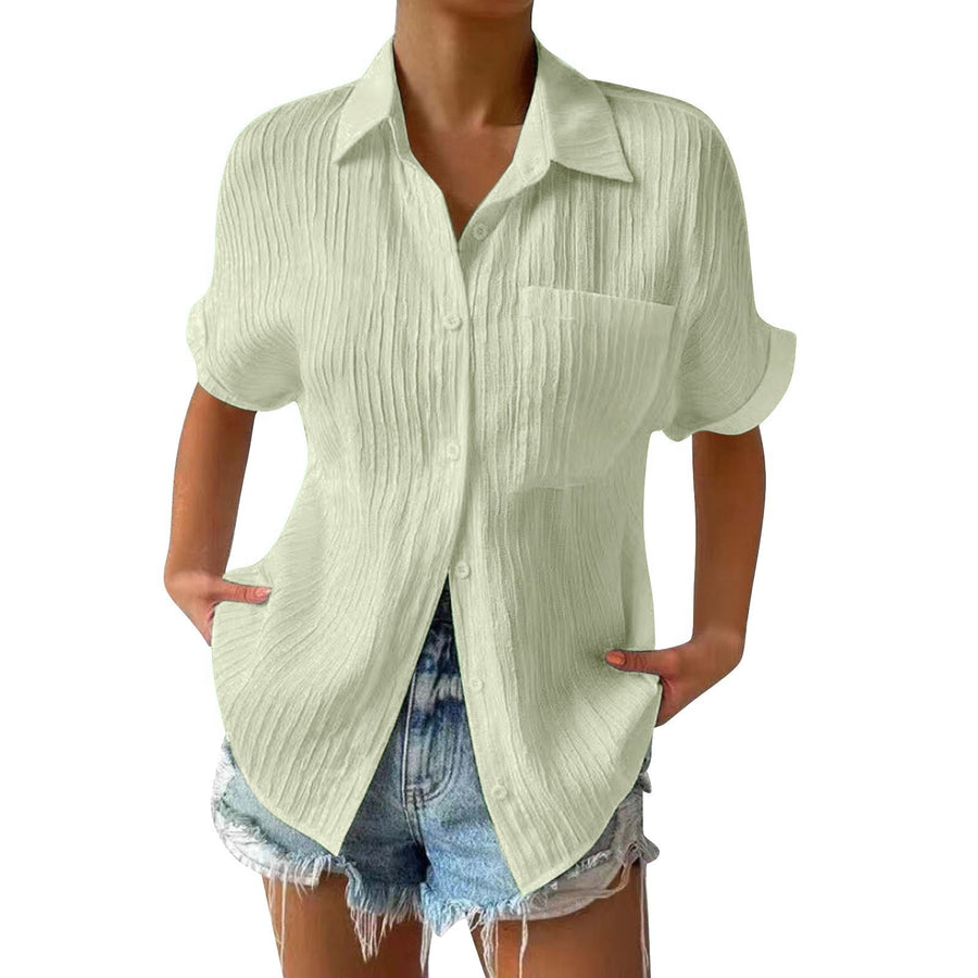 Splicing Pocket Short Sleeved Solid Color Temperament Casual Lapel Raglan Shirt Short Sleeved Women's Clothing