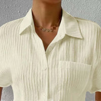 Splicing Pocket Short Sleeved Solid Color Temperament Casual Lapel Raglan Shirt Short Sleeved Women's Clothing