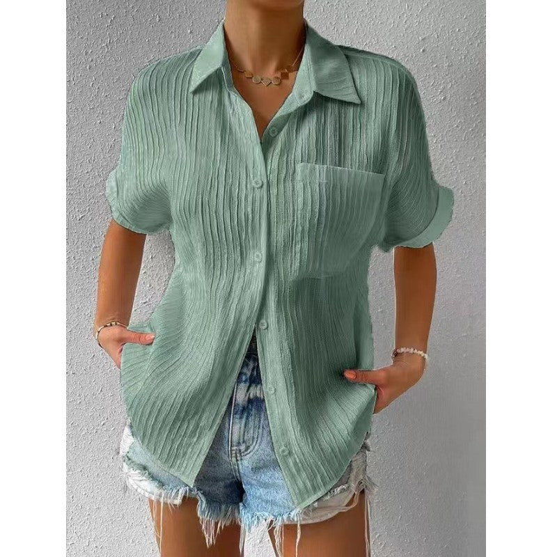 Splicing Pocket Short Sleeved Solid Color Temperament Casual Lapel Raglan Shirt Short Sleeved Women's Clothing