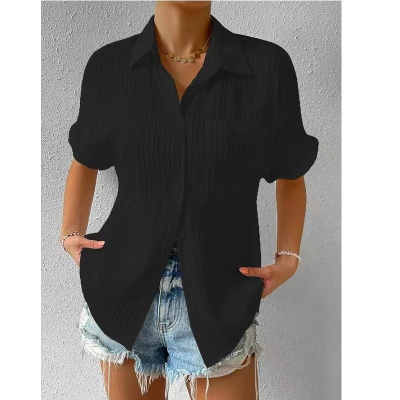 Splicing Pocket Short Sleeved Solid Color Temperament Casual Lapel Raglan Shirt Short Sleeved Women's Clothing