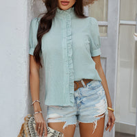 Temperament Leisure Solid Color Buttons Ruffled Short Sleeves