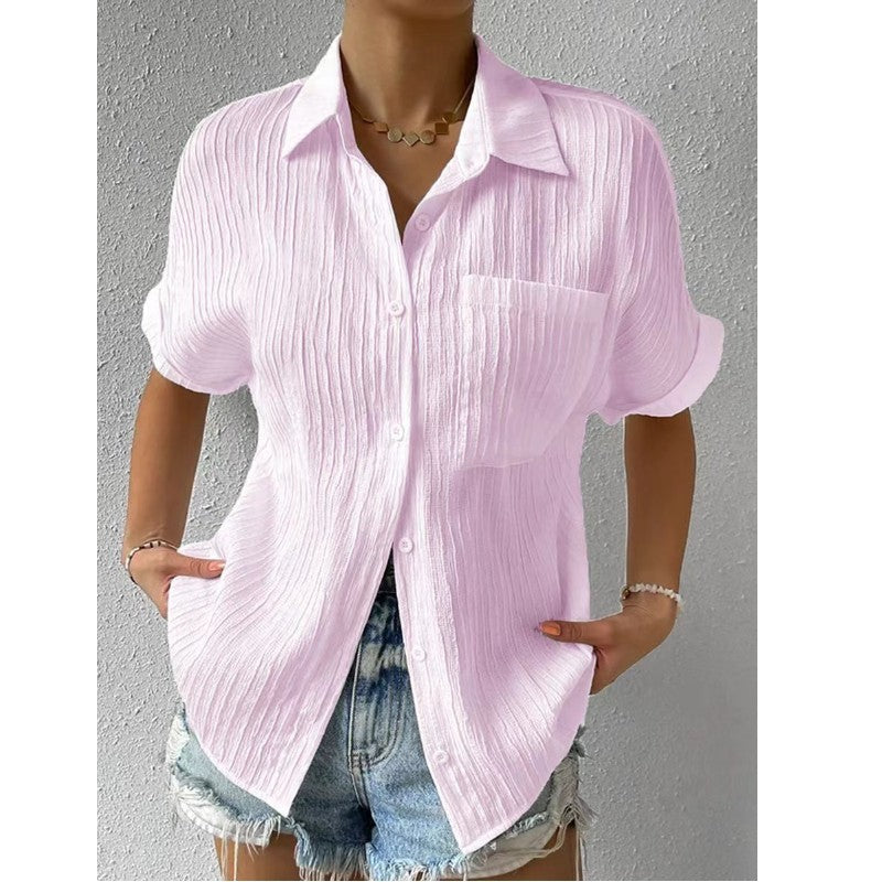 Splicing Pocket Short Sleeved Solid Color Temperament Casual Lapel Raglan Shirt Short Sleeved Women's Clothing