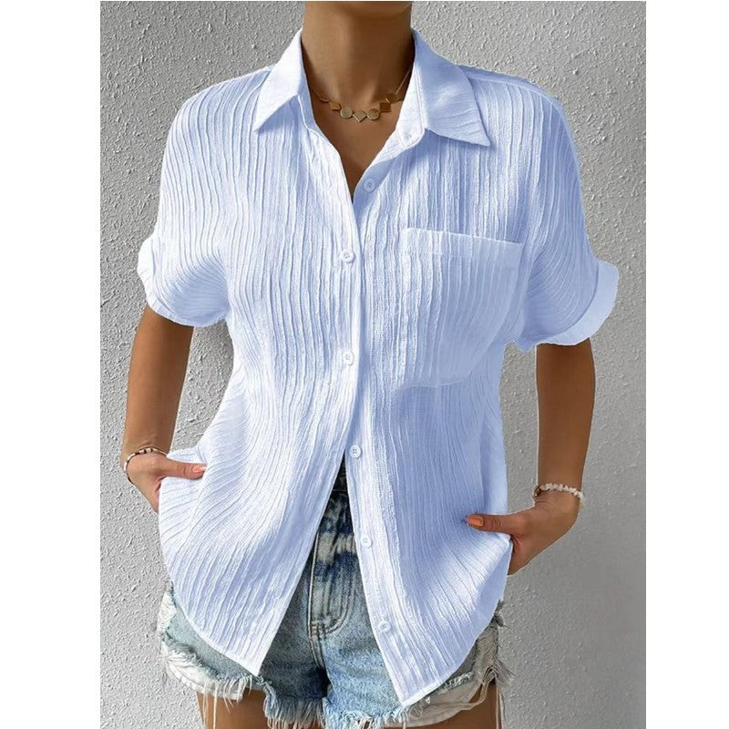 Splicing Pocket Short Sleeved Solid Color Temperament Casual Lapel Raglan Shirt Short Sleeved Women's Clothing