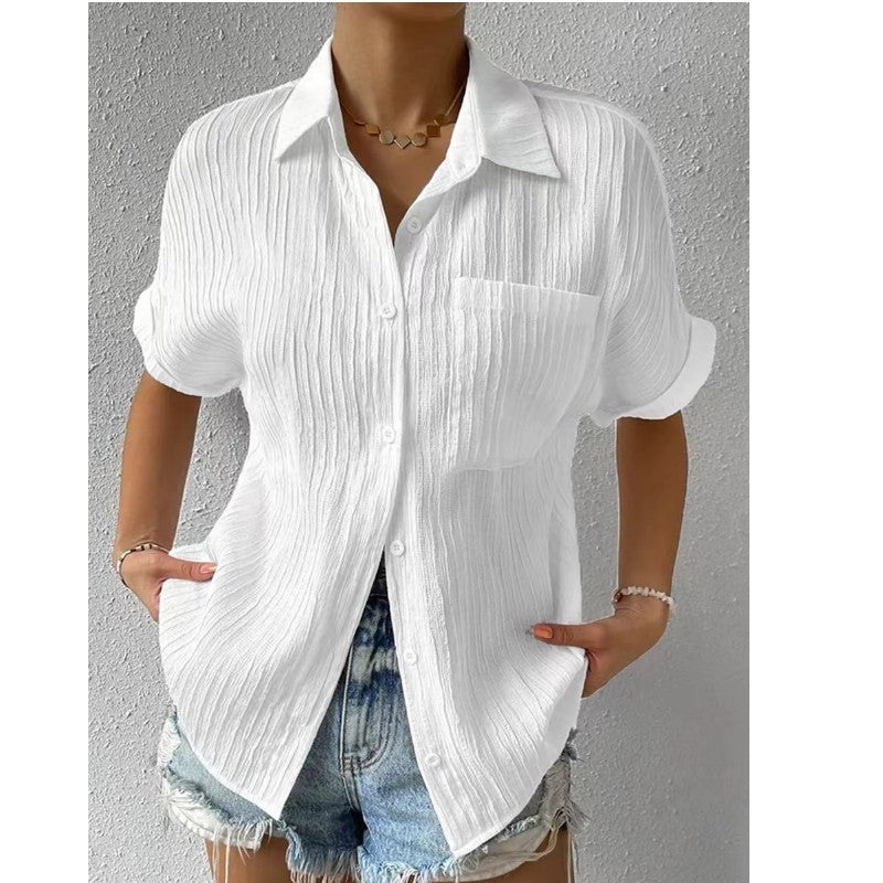 Splicing Pocket Short Sleeved Solid Color Temperament Casual Lapel Raglan Shirt Short Sleeved Women's Clothing